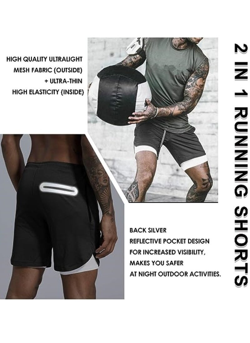 Men's 2 in 1 Fitness Running Shorts Lined Lightweight Training Yoga Gym 7 Inch Shorts with Zipper Pockets