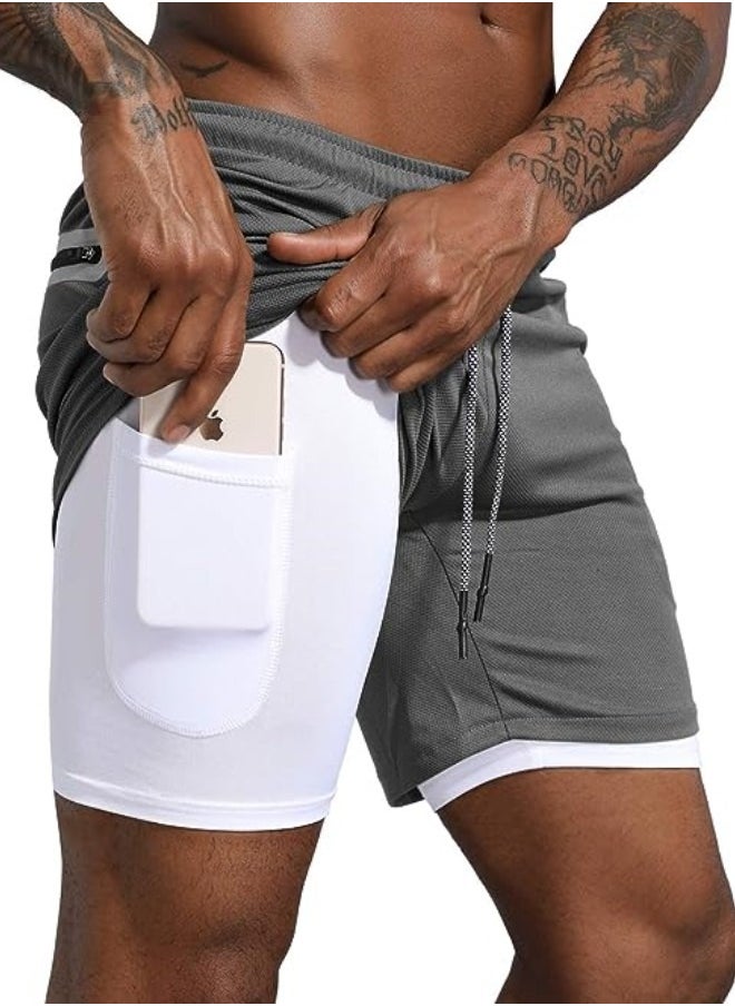 Men's 2 in 1 Fitness Running Shorts Lined Lightweight Training Yoga Gym 7 Inch Shorts with Zipper Pockets