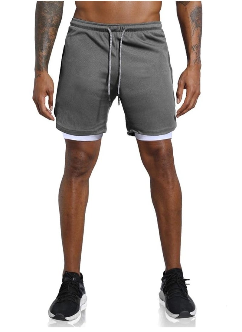 Men's 2 in 1 Fitness Running Shorts Lined Lightweight Training Yoga Gym 7 Inch Shorts with Zipper Pockets