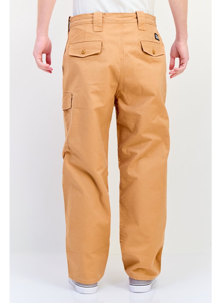 Men Loose Fit Solid Cargo Pants, Windsor Tan