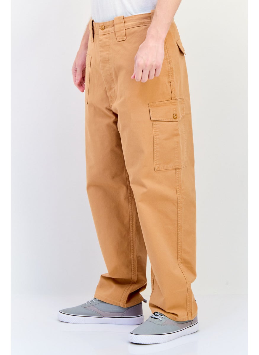 Men Loose Fit Solid Cargo Pants, Windsor Tan