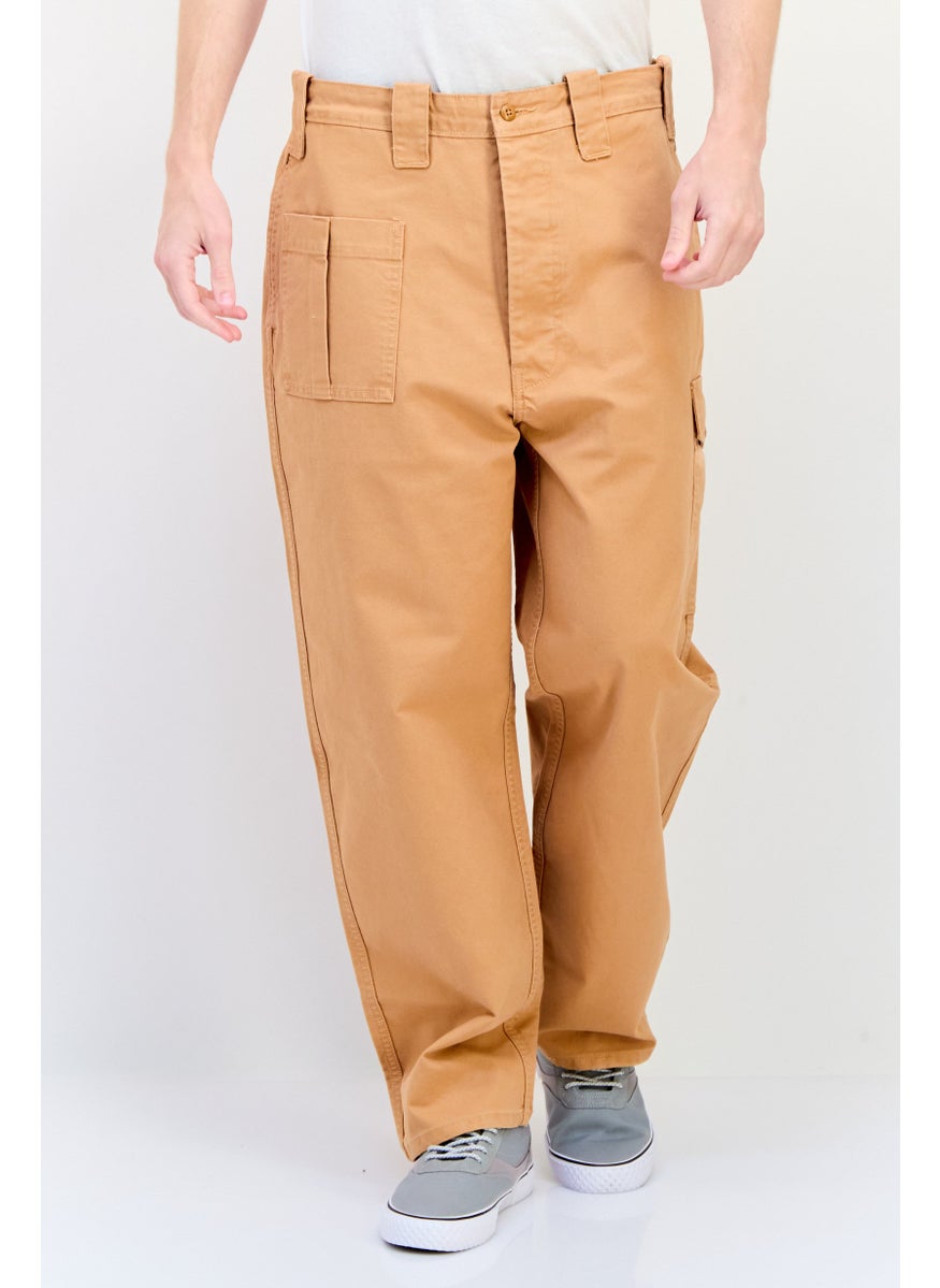 Men Loose Fit Solid Cargo Pants, Windsor Tan