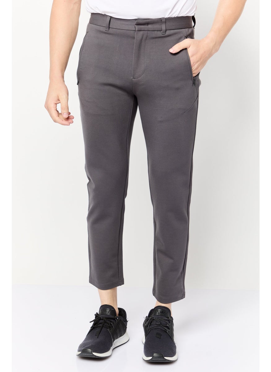 Men Slim Fit Solid Stretchable Straight Leg Pants, Dark Grey