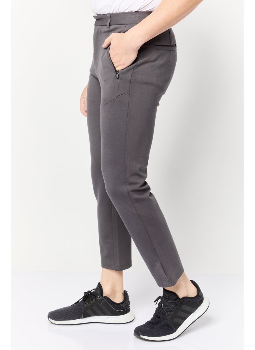 Men Slim Fit Solid Stretchable Straight Leg Pants, Dark Grey