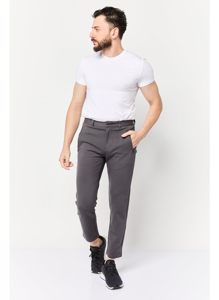 Men Slim Fit Solid Stretchable Straight Leg Pants, Dark Grey