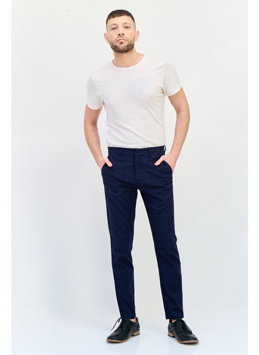 Men Carrot Fit Checkered Straight Leg Pants, Navy