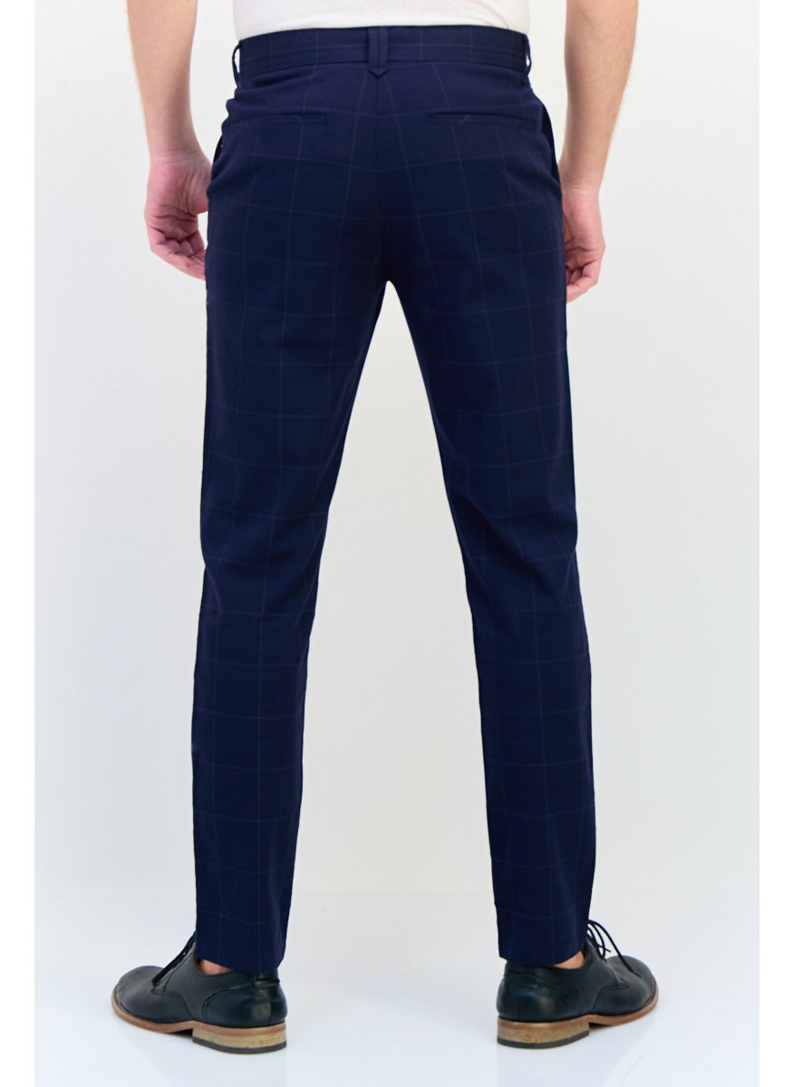 Men Carrot Fit Checkered Straight Leg Pants, Navy