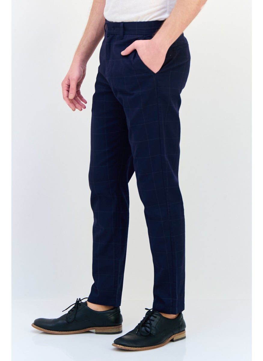 Men Carrot Fit Checkered Straight Leg Pants, Navy
