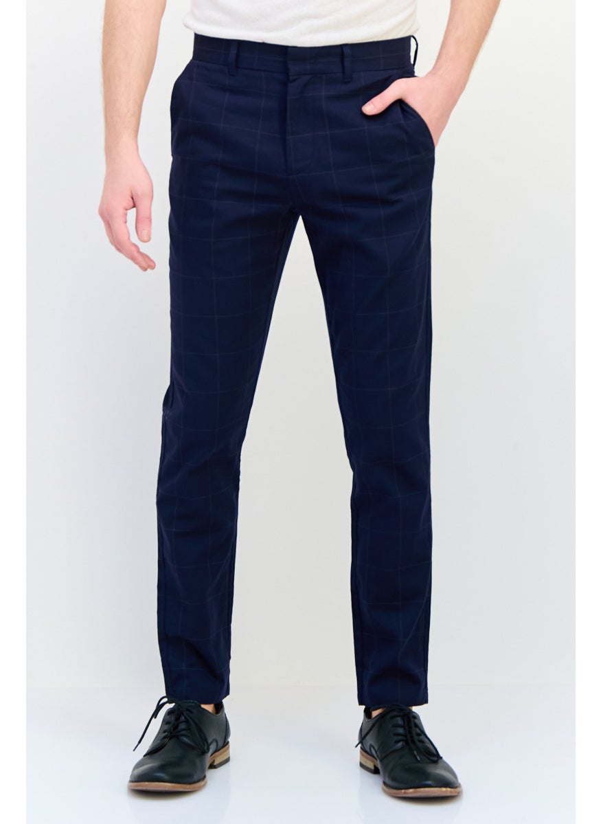 Men Carrot Fit Checkered Straight Leg Pants, Navy