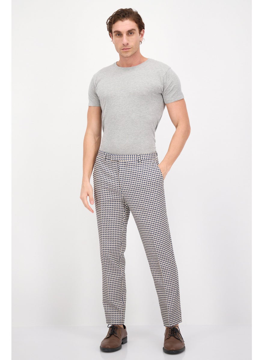 Men Slim Fit Grid Pattern Chino Pants, Beige