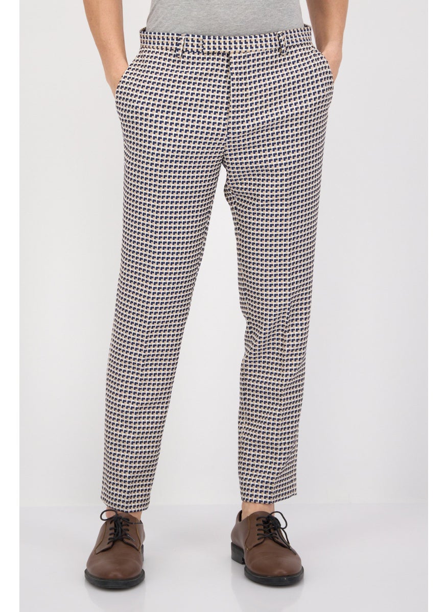 Men Slim Fit Grid Pattern Chino Pants, Beige