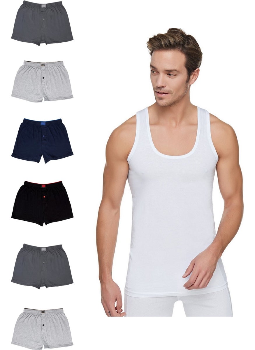 Passion Men 6 Piece White Undershirt (0101), 6 Piece Multicolored Boxer (0117) Set