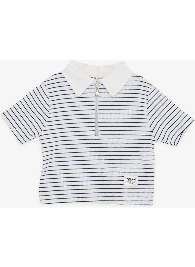 Girl's Crop T-Shirt Zippered Striped White (Age 9-14)