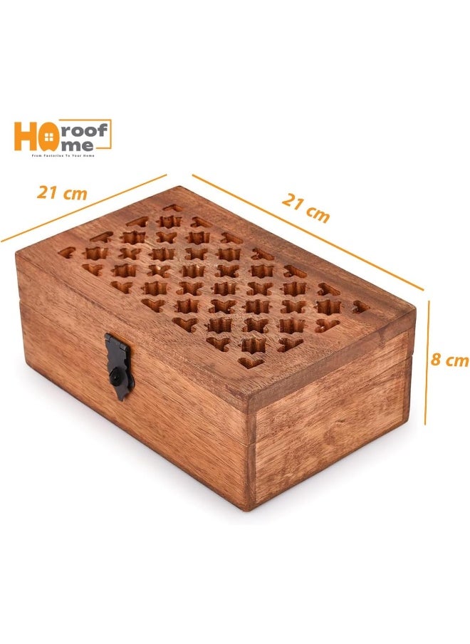Horoof Home® Wooden Box with Hinged Lid, Decorative Storage Box for Home and Office, 21x13x8 cm, Brown, GT010
