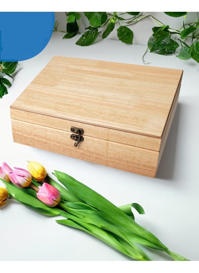 Elegant Old-World Wooden Treasure Box with Brass Latch – Handcrafted Natural Wood Finish, 30.8x24.5x7.6 cm