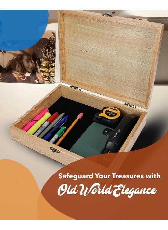 Elegant Old-World Wooden Treasure Box with Brass Latch – Handcrafted Natural Wood Finish, 30.8x24.5x7.6 cm