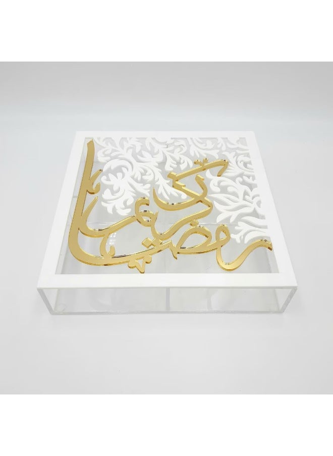 Horoof Home® Elegant Ramadan Kareem Acrylic Decoration - Gold, White & Clear Design (20.3x20.3x5 cm),SM034