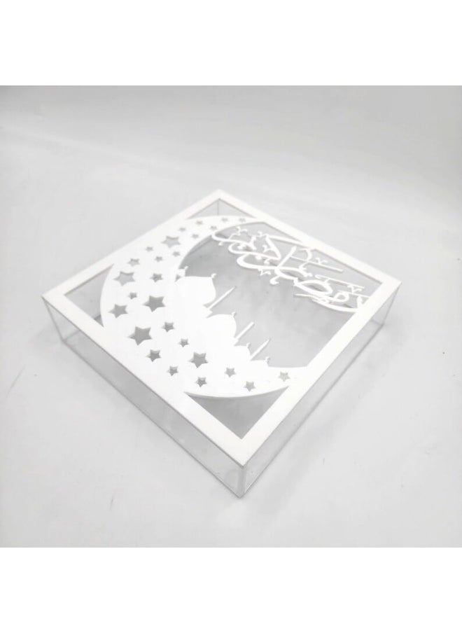 Elegant Ramadan Acrylic Gift Box – White & Clear, Laser-Cut Decorative Crescent Moon Design, 20.5 x 20.5 x 5 cm