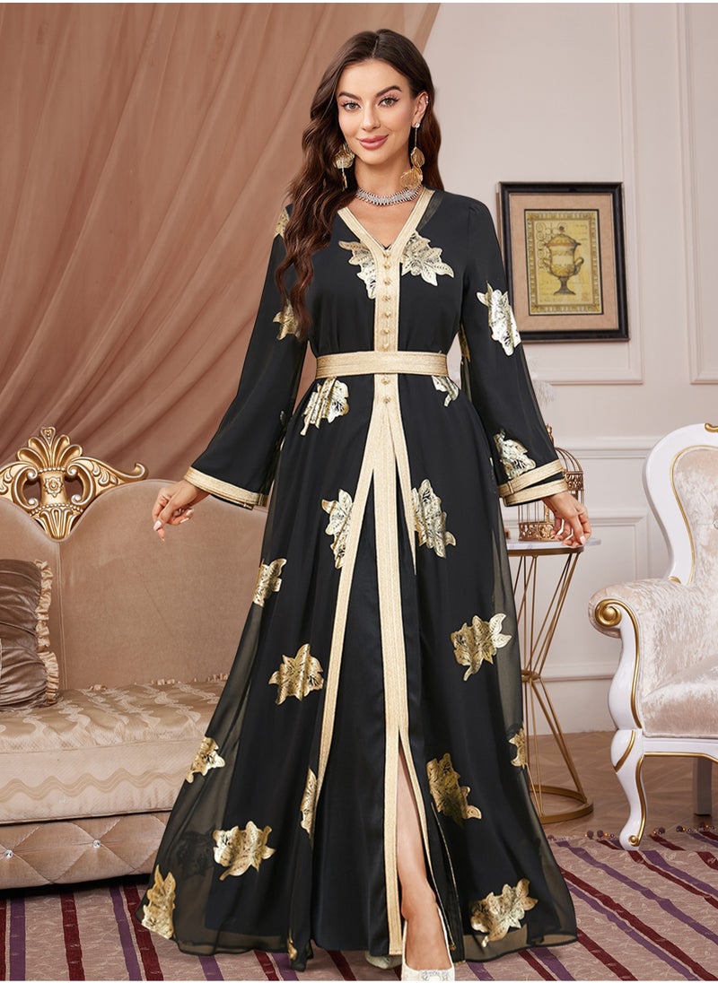 Fashionable Black Abaya with Gold Foil – Women's Long Robe