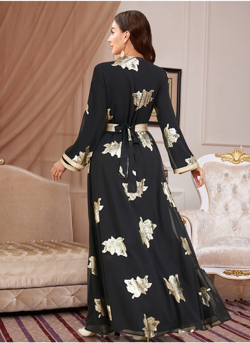 Fashionable Black Abaya with Gold Foil – Women's Long Robe