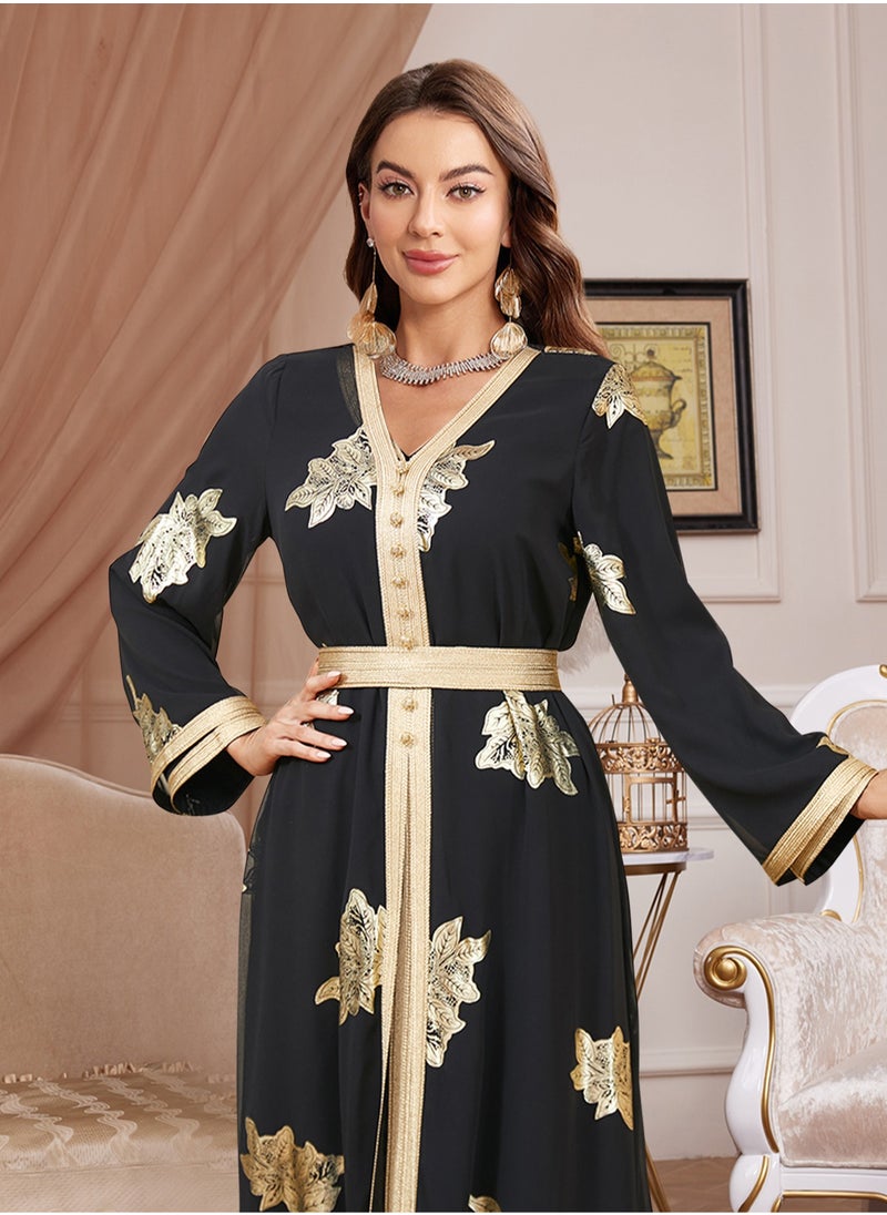 Fashionable Black Abaya with Gold Foil – Women's Long Robe