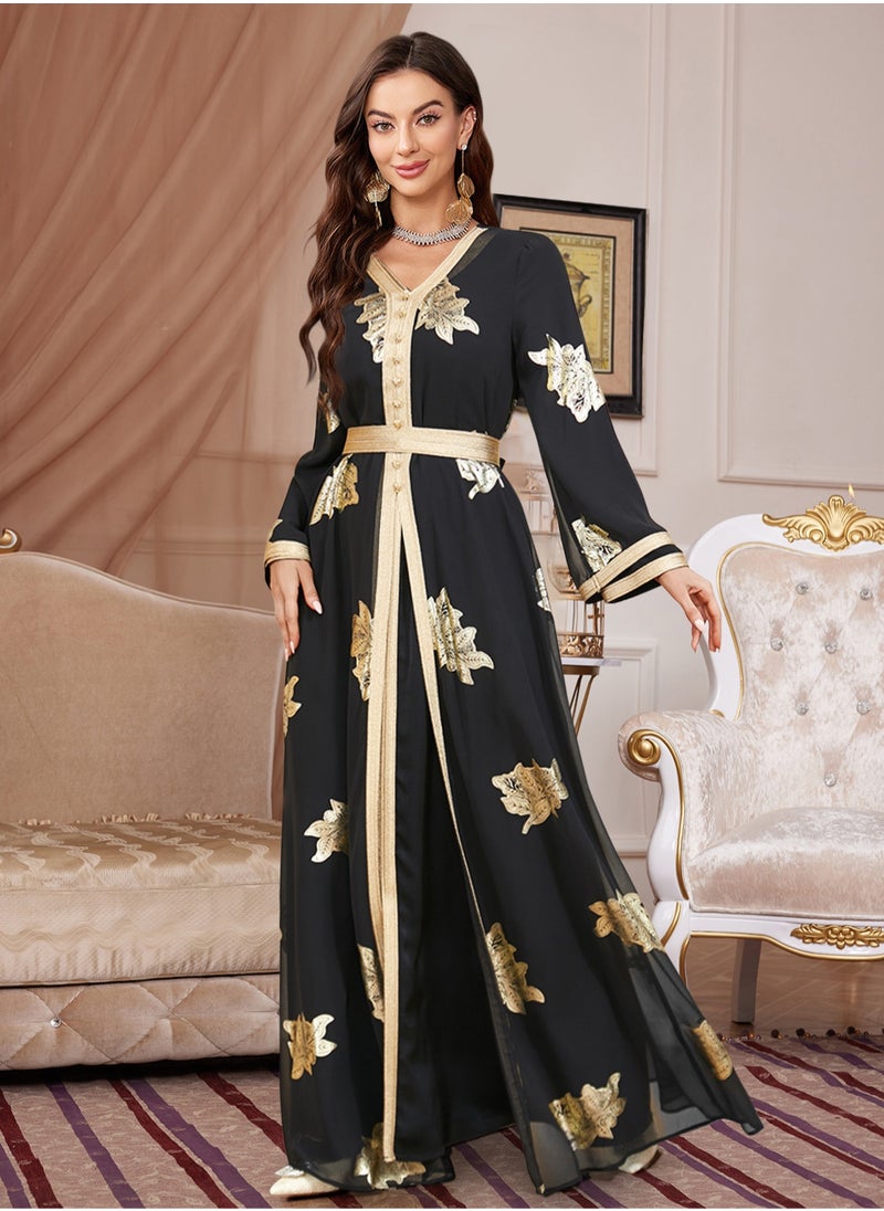 Fashionable Black Abaya with Gold Foil – Women's Long Robe