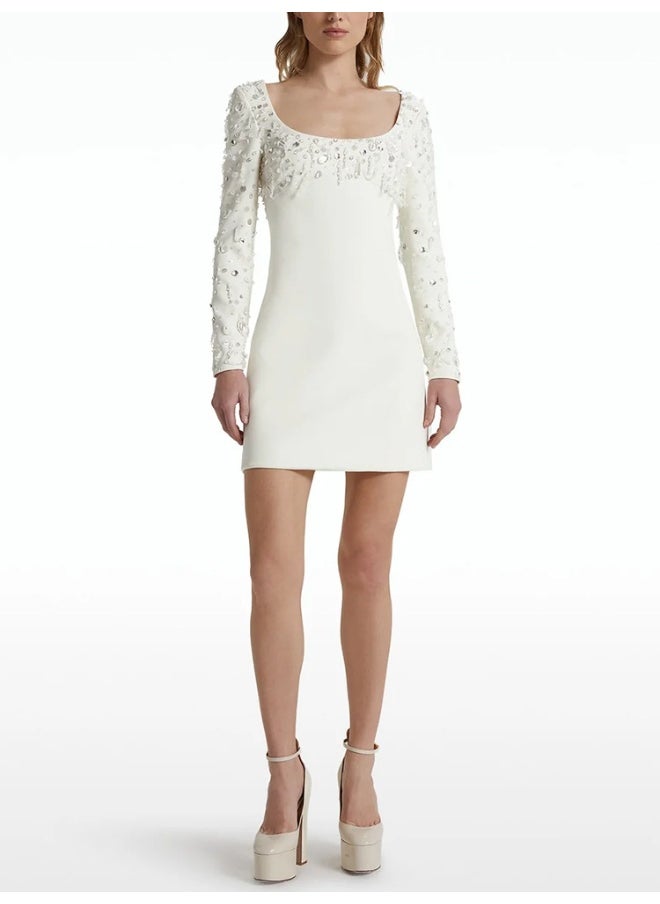 Fashionable New Long Sleeve U-Neck Heavy Beaded Embellished Mini Dress
