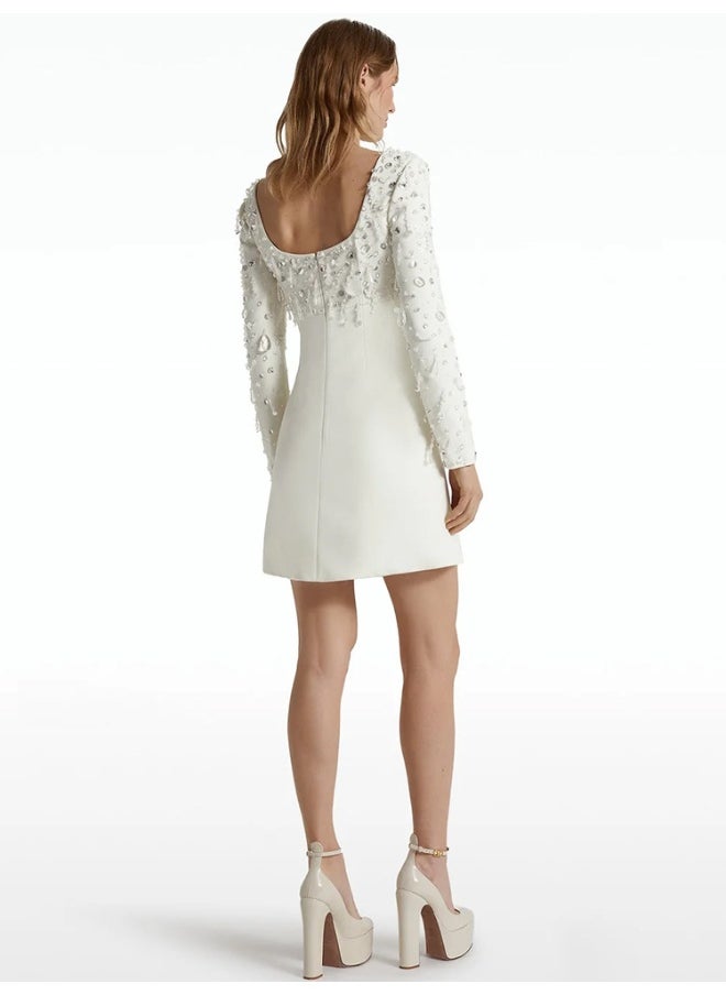 Fashionable New Long Sleeve U-Neck Heavy Beaded Embellished Mini Dress