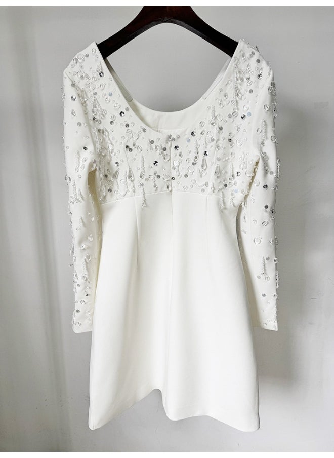 Fashionable New Long Sleeve U-Neck Heavy Beaded Embellished Mini Dress
