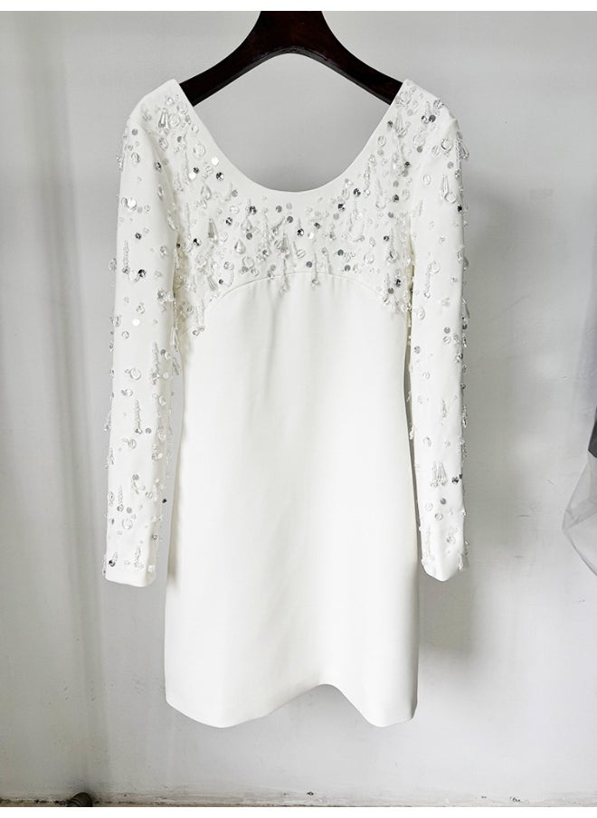 Fashionable New Long Sleeve U-Neck Heavy Beaded Embellished Mini Dress