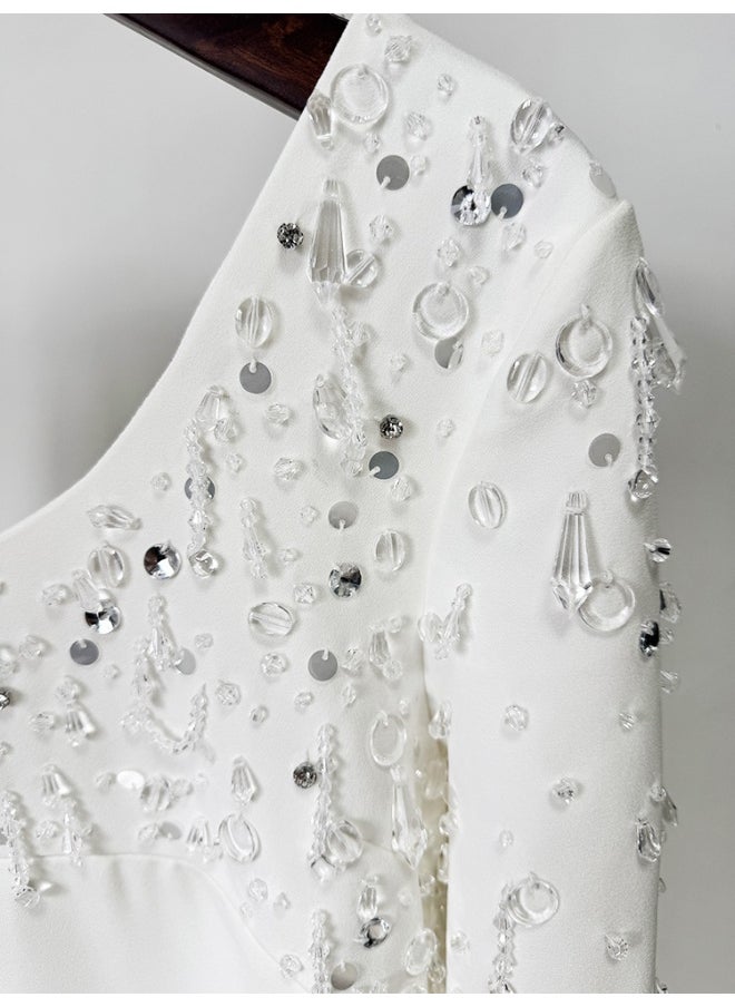 Fashionable New Long Sleeve U-Neck Heavy Beaded Embellished Mini Dress