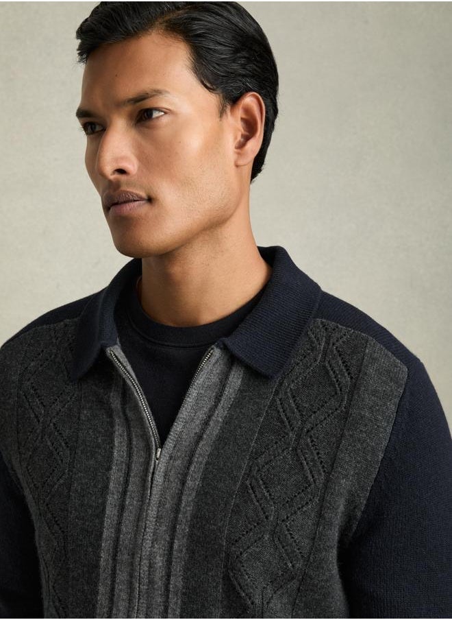 Ls Wool Colour Block Zip Through Cardigan