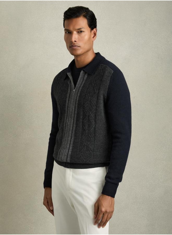 Ls Wool Colour Block Zip Through Cardigan