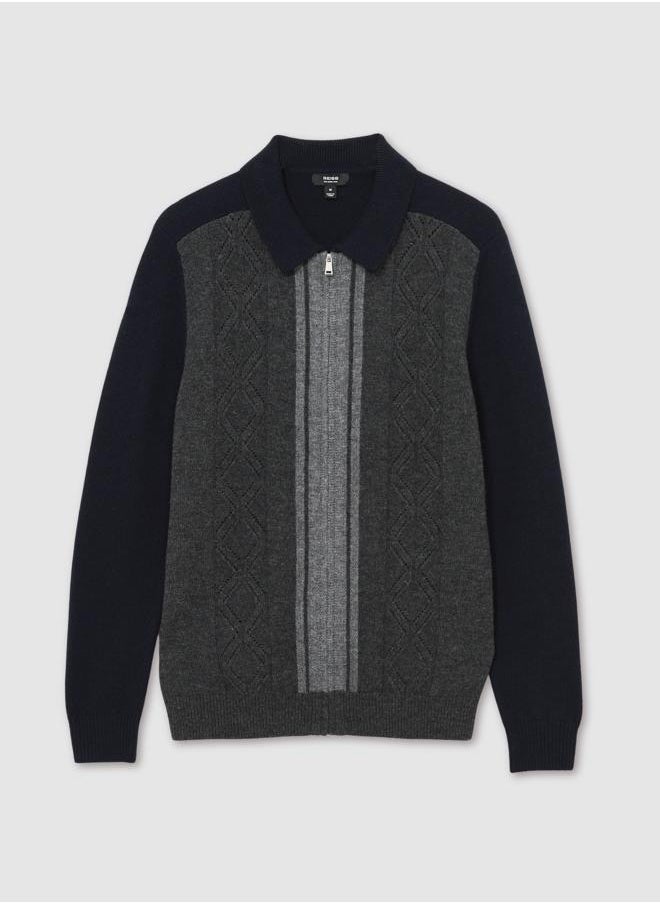 Ls Wool Colour Block Zip Through Cardigan