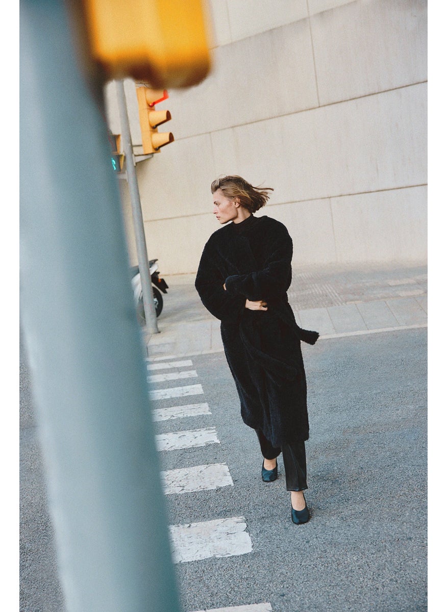 Fluffy Tie-Belt Coat