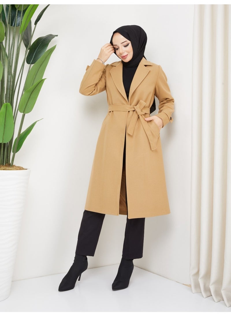 KMK Combination Kmkkombin Women's Belted Sleeve Detailed Cashmere Coat Seyit Özel1
