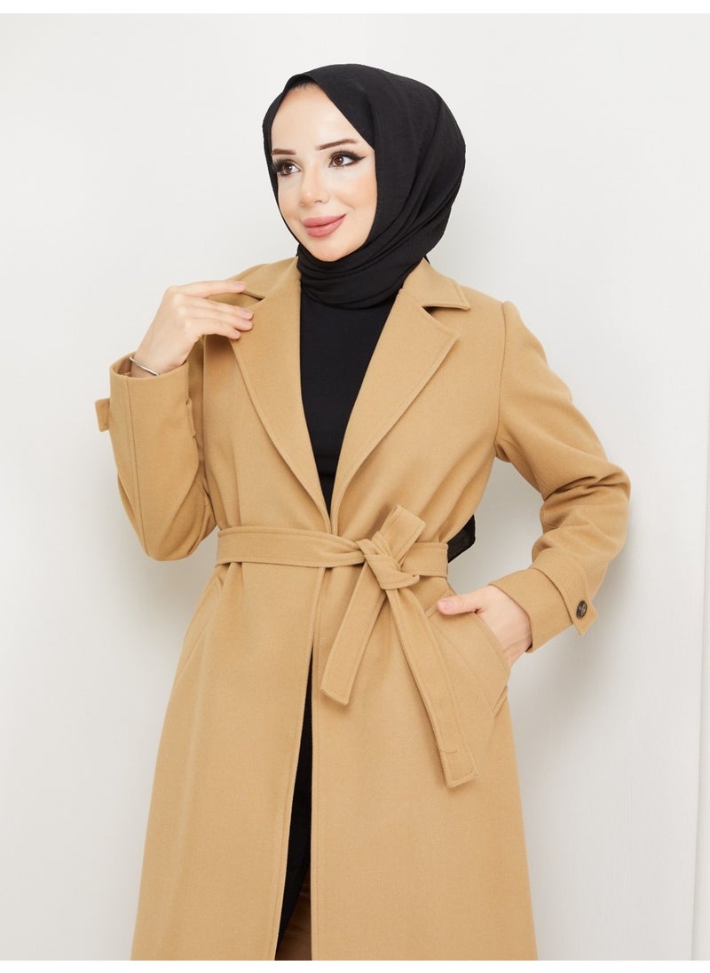 KMK Combination Kmkkombin Women's Belted Sleeve Detailed Cashmere Coat Seyit Özel1