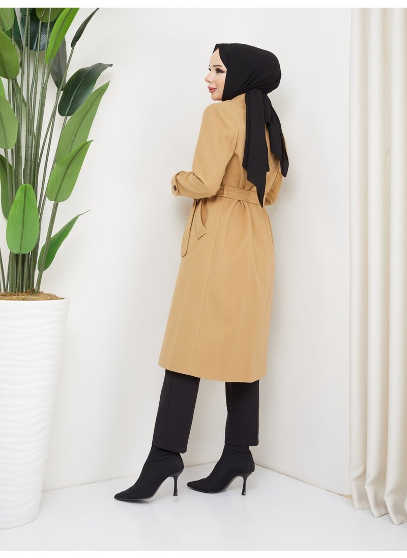 KMK Combination Kmkkombin Women's Belted Sleeve Detailed Cashmere Coat Seyit Özel1