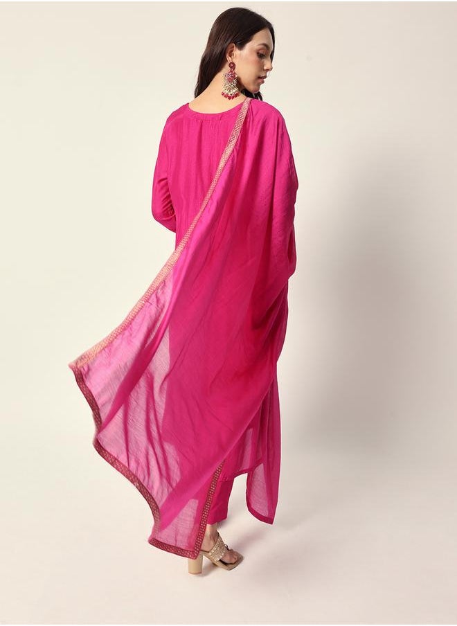 Women's Purple Silk Textured Tunic Full Palazzo Regular Fit Kurta Set