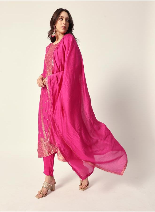 Women's Purple Silk Textured Tunic Full Palazzo Regular Fit Kurta Set