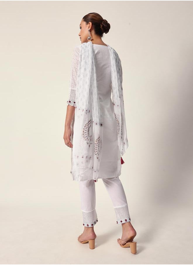 Women's White Cotton Textured Tunic Full Palazzo Regular Fit Kurta Set