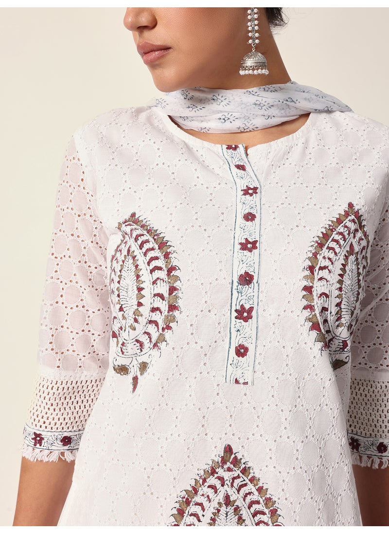 Women's White Cotton Textured Tunic Full Palazzo Regular Fit Kurta Set