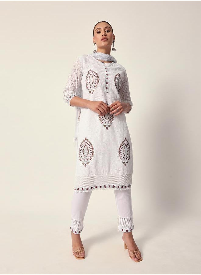 Women's White Cotton Textured Tunic Full Palazzo Regular Fit Kurta Set