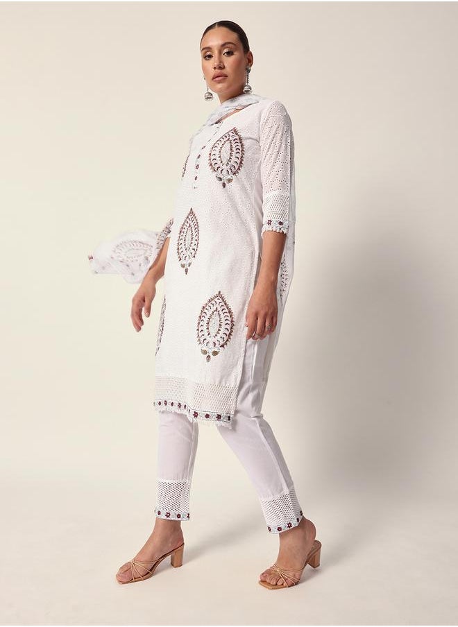 Women's White Cotton Textured Tunic Full Palazzo Regular Fit Kurta Set