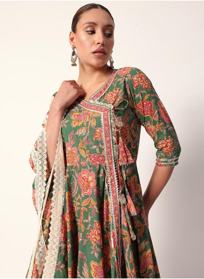 Women's Green Cotton Textured Tunic Full Palazzo Regular Fit Kurta Set