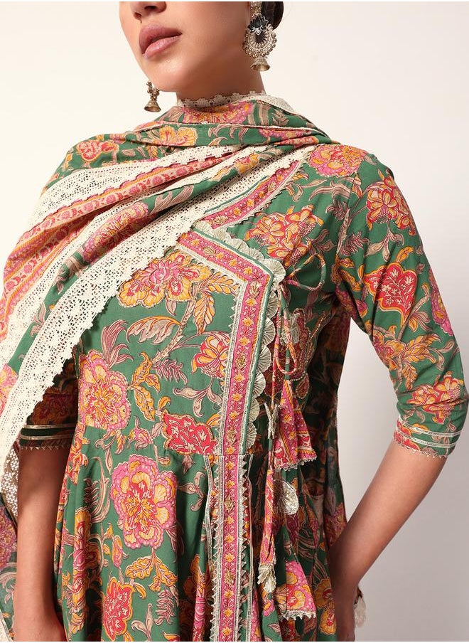 Women's Green Cotton Textured Tunic Full Palazzo Regular Fit Kurta Set