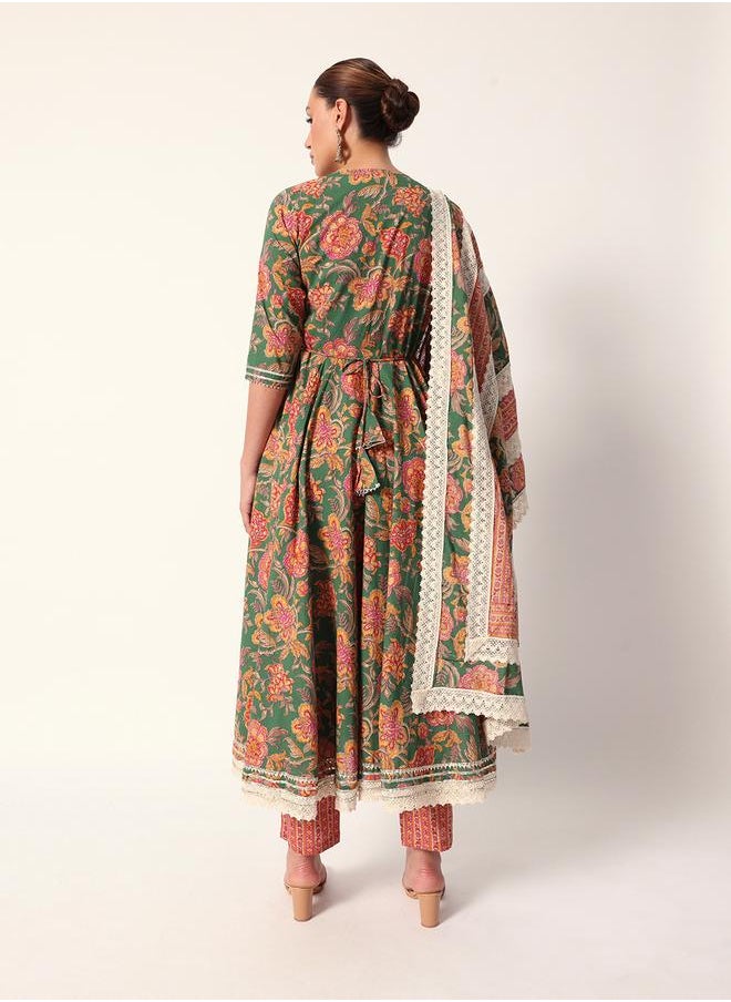 Women's Green Cotton Textured Tunic Full Palazzo Regular Fit Kurta Set