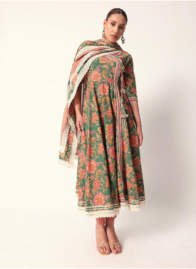 Women's Green Cotton Textured Tunic Full Palazzo Regular Fit Kurta Set