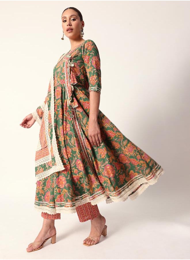 Women's Green Cotton Textured Tunic Full Palazzo Regular Fit Kurta Set