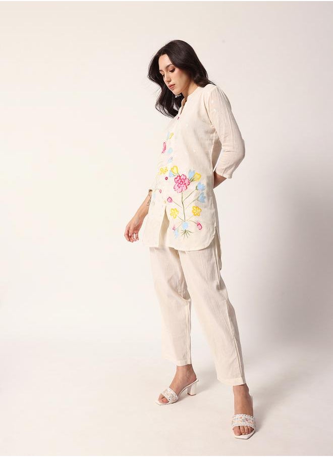 Women's Off White Cotton Textured Tunic Full Palazzo Regular Fit Kurta Set